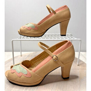 Bettie Page Mary Jane Heels Size 8 Beige Pink Green Retro Pinup Vintage Style Sh